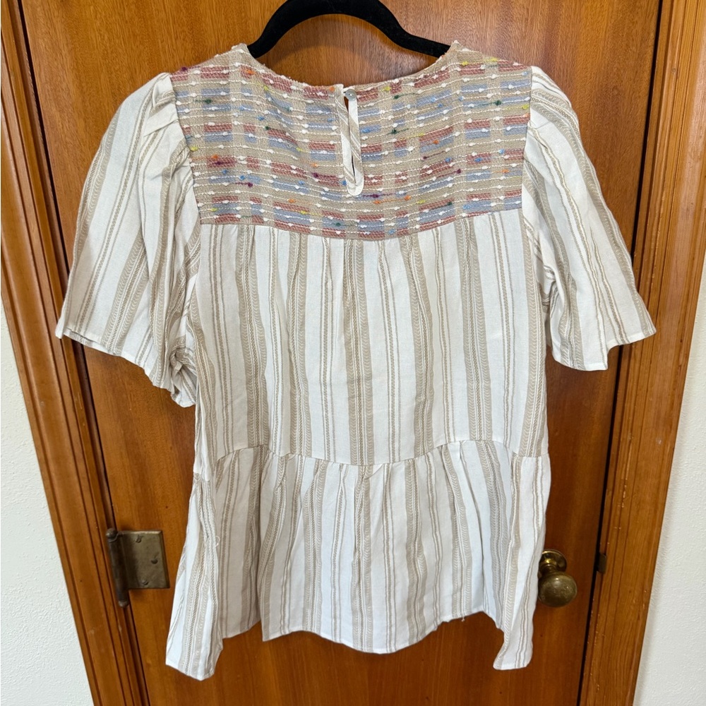 Smocked Square-Neck Striped Peasant Top - Ivory with Pastel Accents - Picture 7 of 7